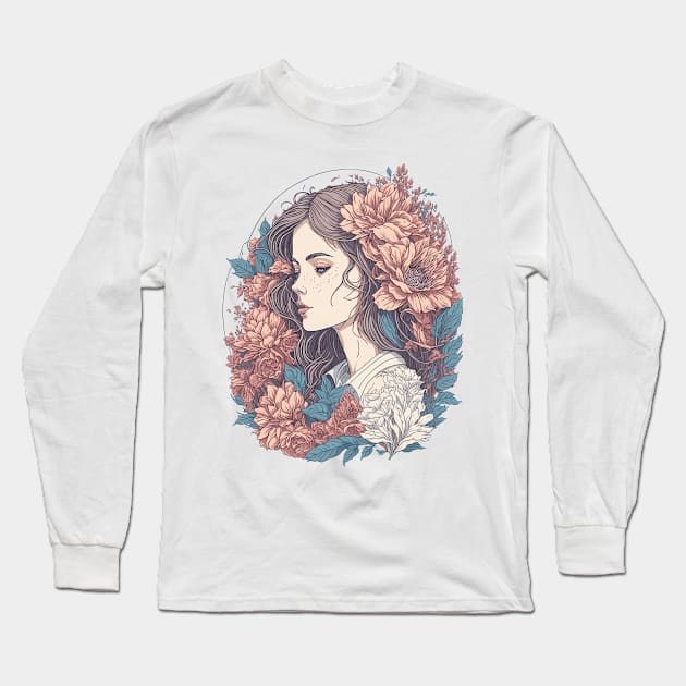 Floral Girl Illustration Long Sleeve T-Shirt by ElMass